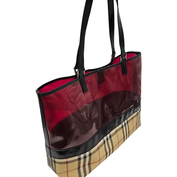 BURBERRY Nova Check Tote Bag Coated Canvas Vinyl Beige Red - Picture 2 of 16